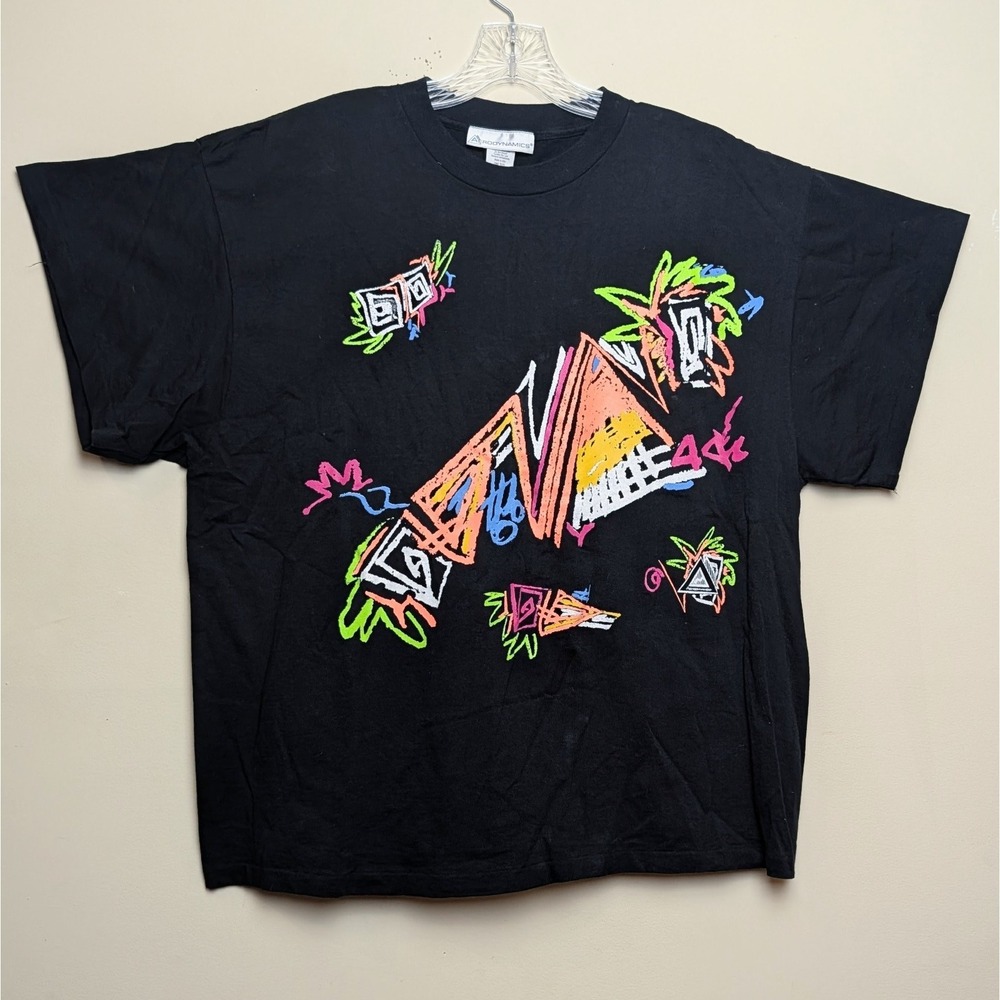 Vintage AERODYNAMICS NEON ART OSFA AOP 90s Black Single Stitch Shirt XL